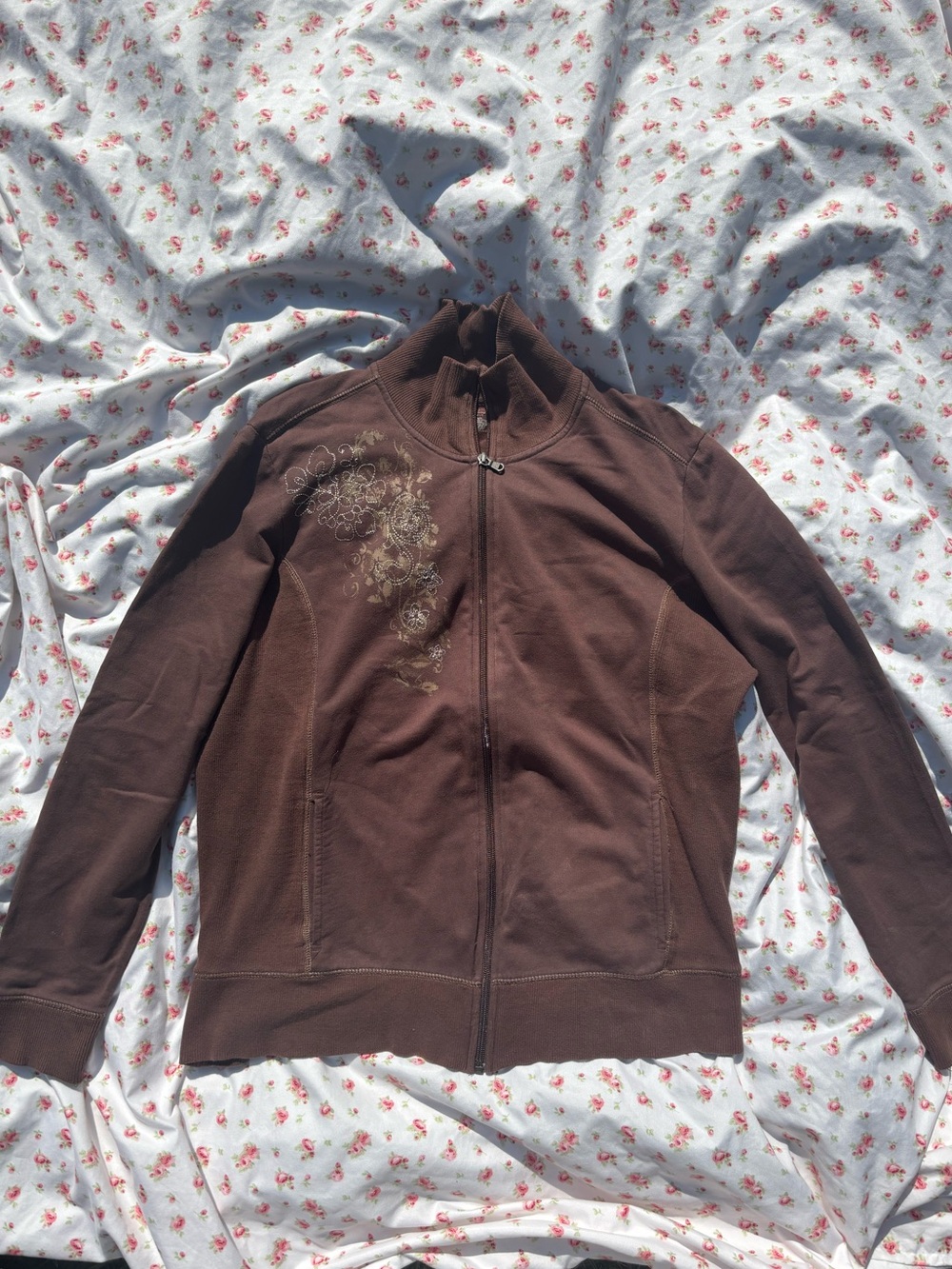 Eddie Bauer Brown Zip-Up Bomber Jacket with Floral Embroidery